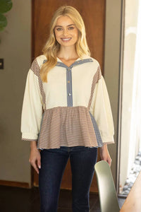 Voy - Half Snap Button Color Block Peplum Sweatshirt