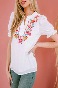 Shiying Fashion - Floral Embroidered Ruffled Puff Sleeve