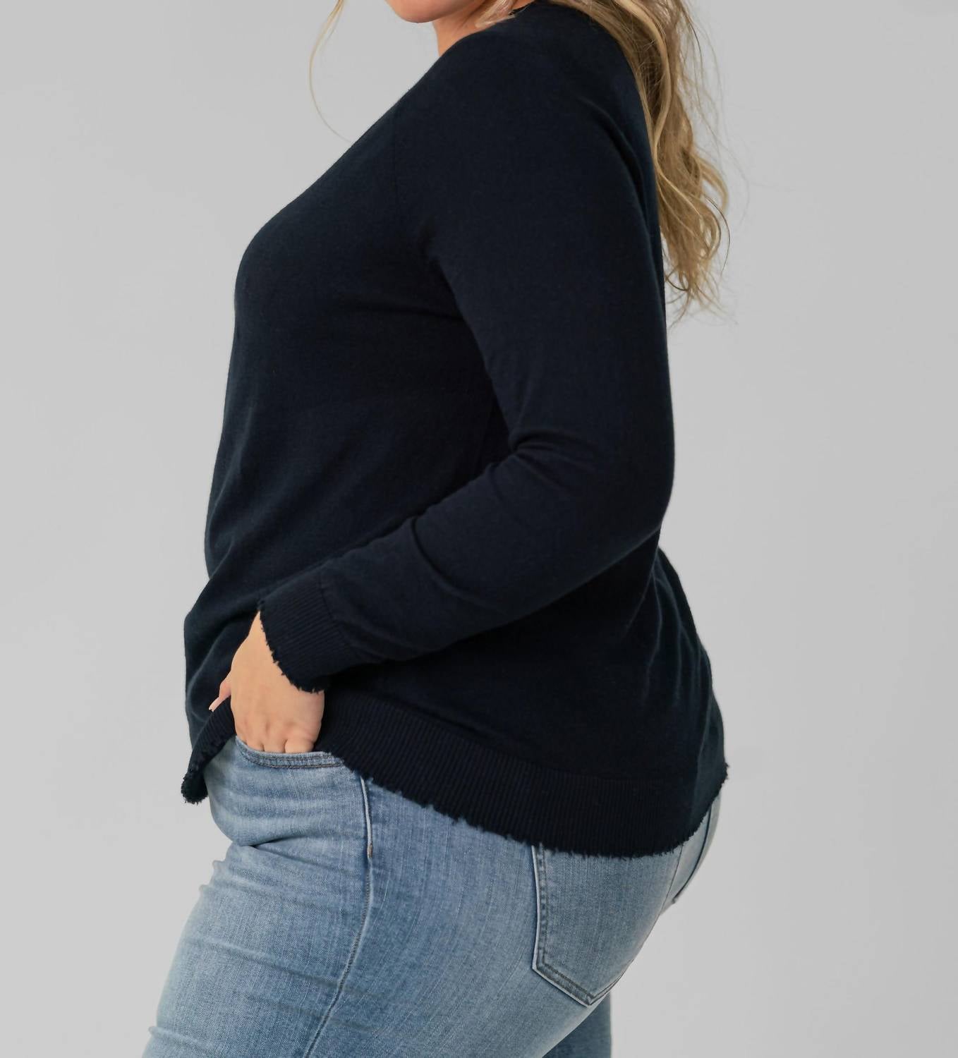 Minnie Rose - Distressed Long Sleeve V-neck Sweater - Plus Size