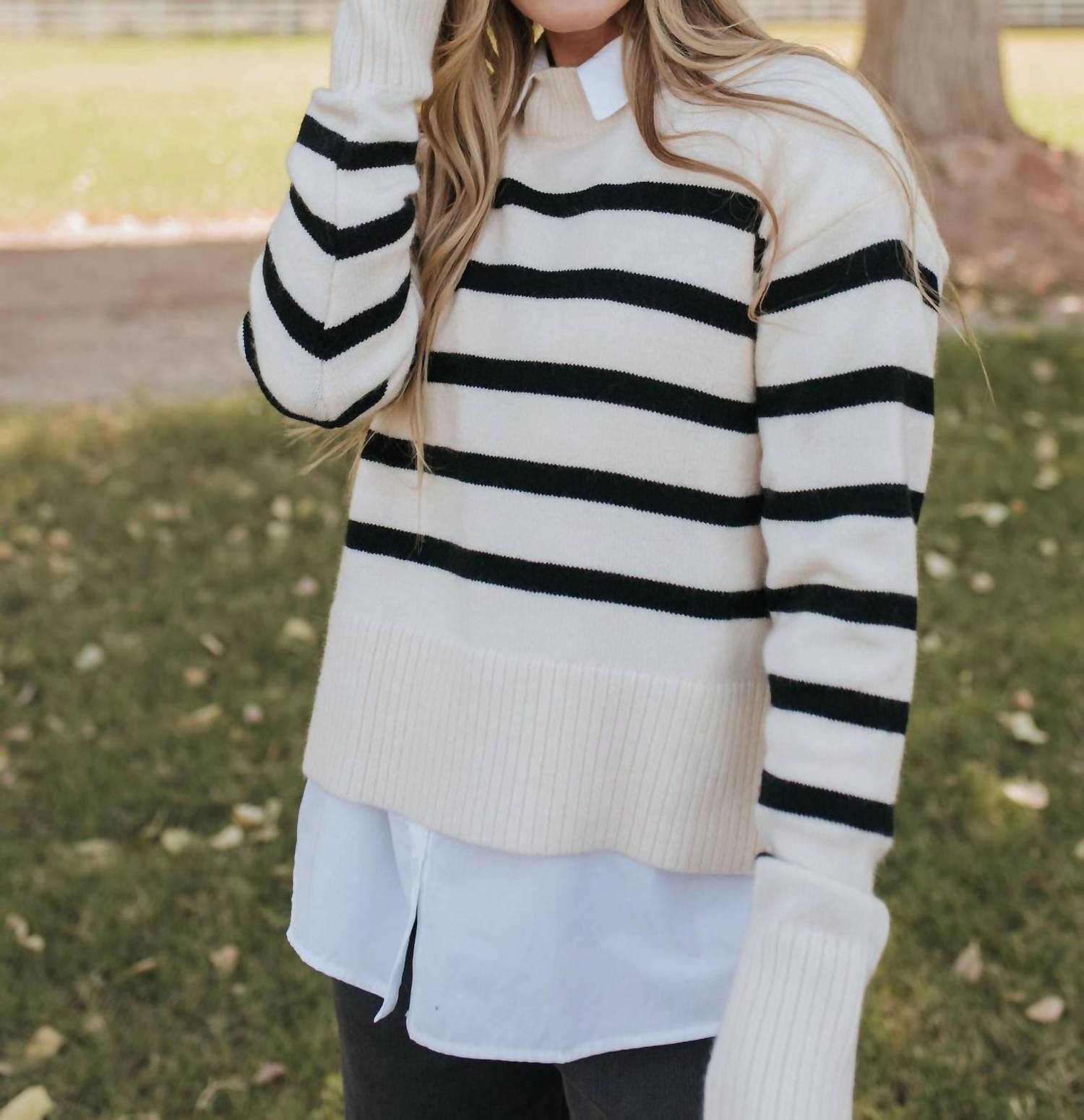 La Miel - Super Soft Striped Mock Neck Loose Fit Sweater