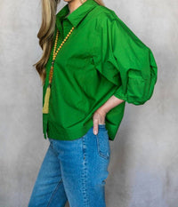 P.CILL Poplin Bishop Sleeve Button Up Blouse in apple green - women's blouse - alternate view