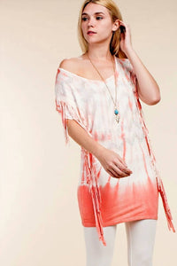 Vocal Apparel - Boho Fringe Tie Dye Top With Rhinestone Chevron