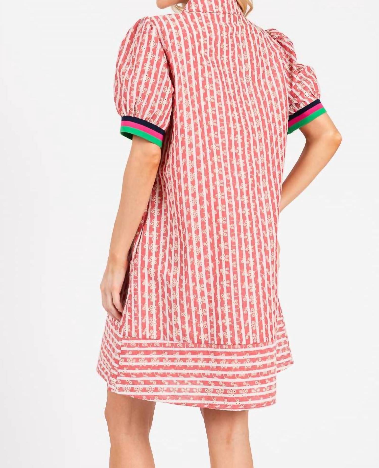 Sewn And Seen - Striped Floral Collared Puff Sleeve Mini Dress