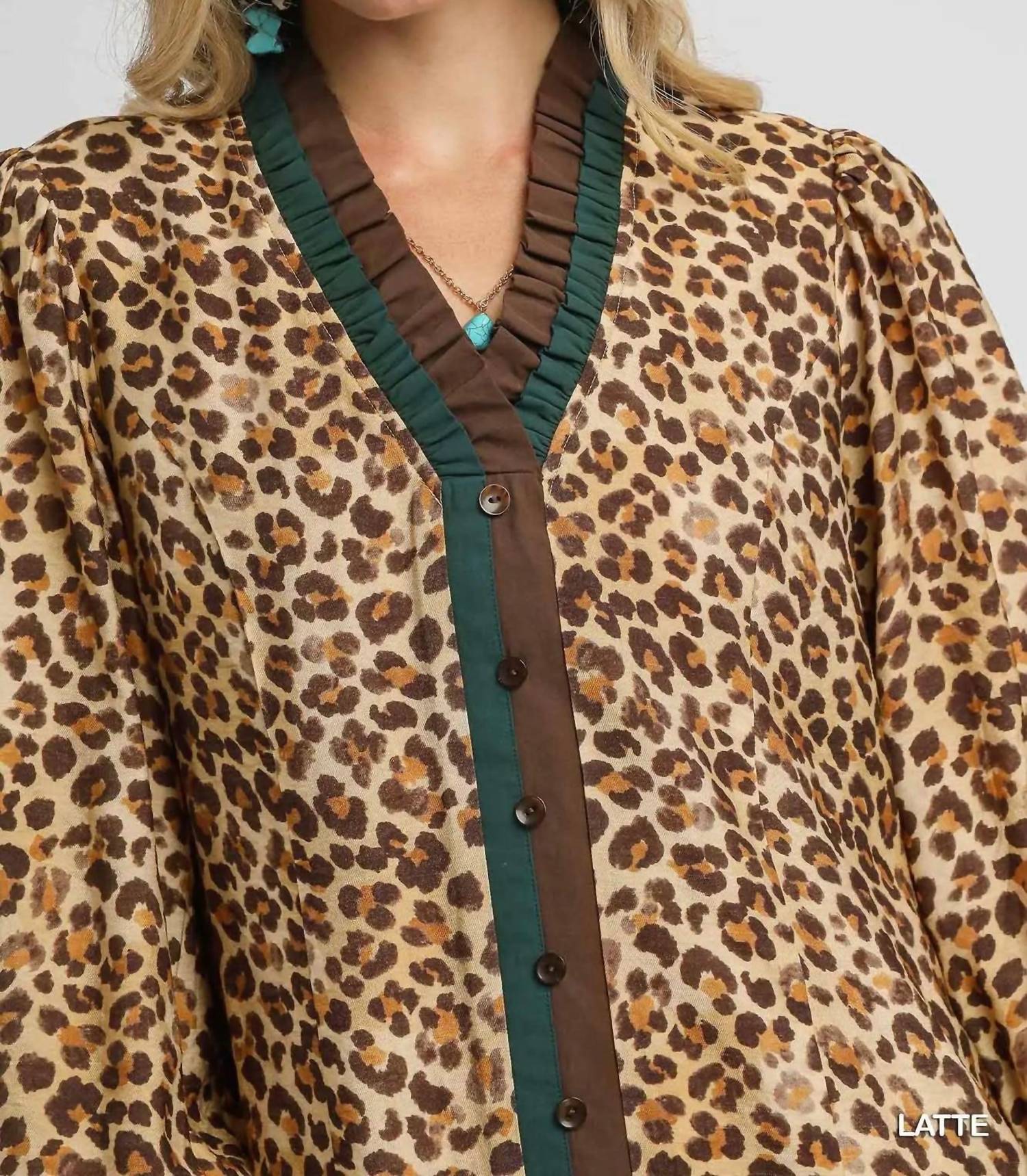 Umgee - Women's Leopard Print Long Sleeve Mini Dress