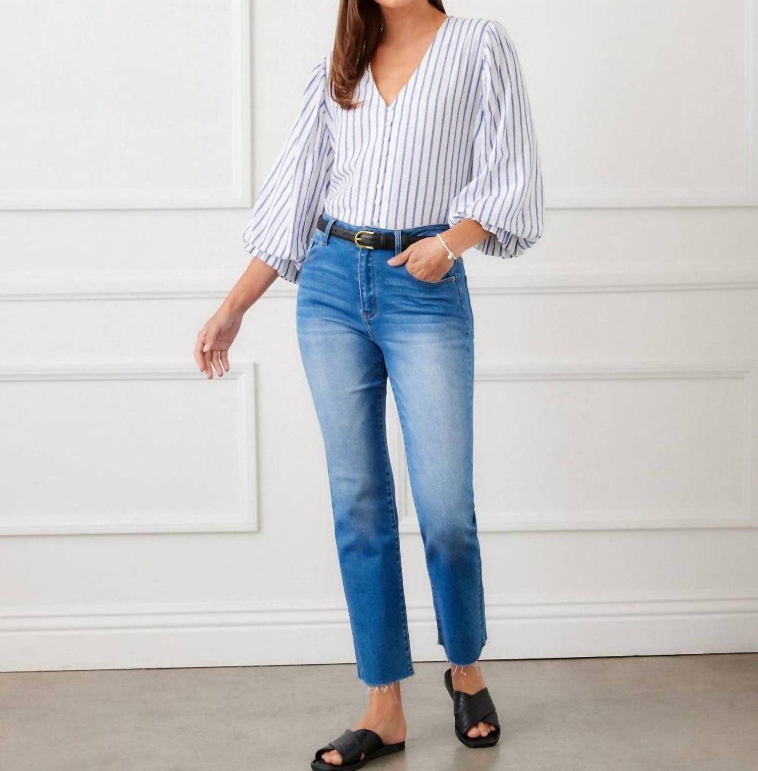 Karen Kane - Stripe Layered Sleeve Shirred Blouse