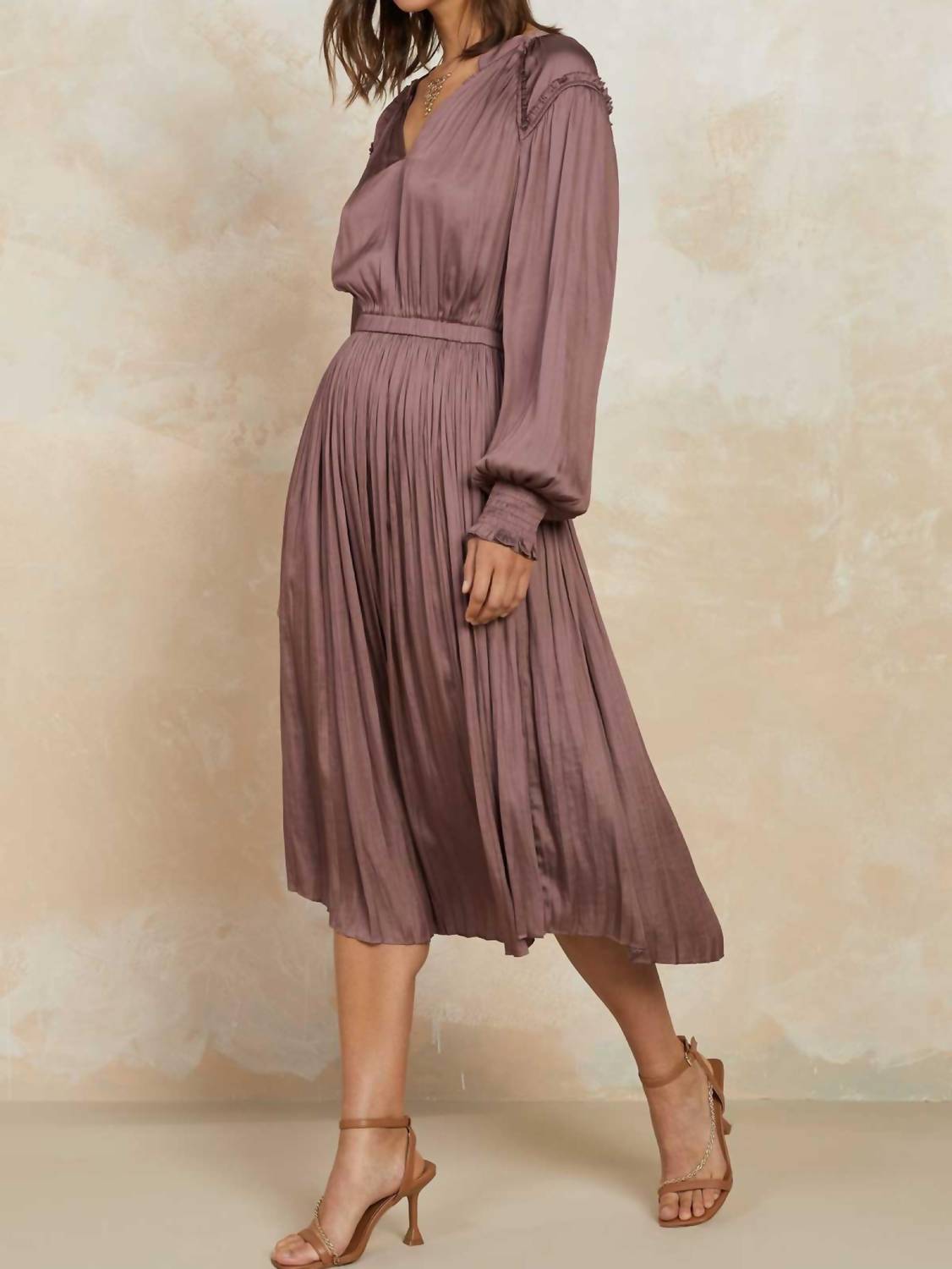 current air V-NECK LONG SLEEVE MIDI DRESS WITH SMOCKED CUFFS AND RUFFLE DETAILS in mauve - women's dress - alternate view