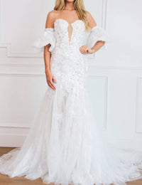 Cinderella Divine - Polly Lace Floral Applique Detachable Off Shoulder Wedding Dress