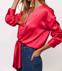 hutch Kass Long Sleeve Tie Top in fuchsia - women's shirt - alternate view