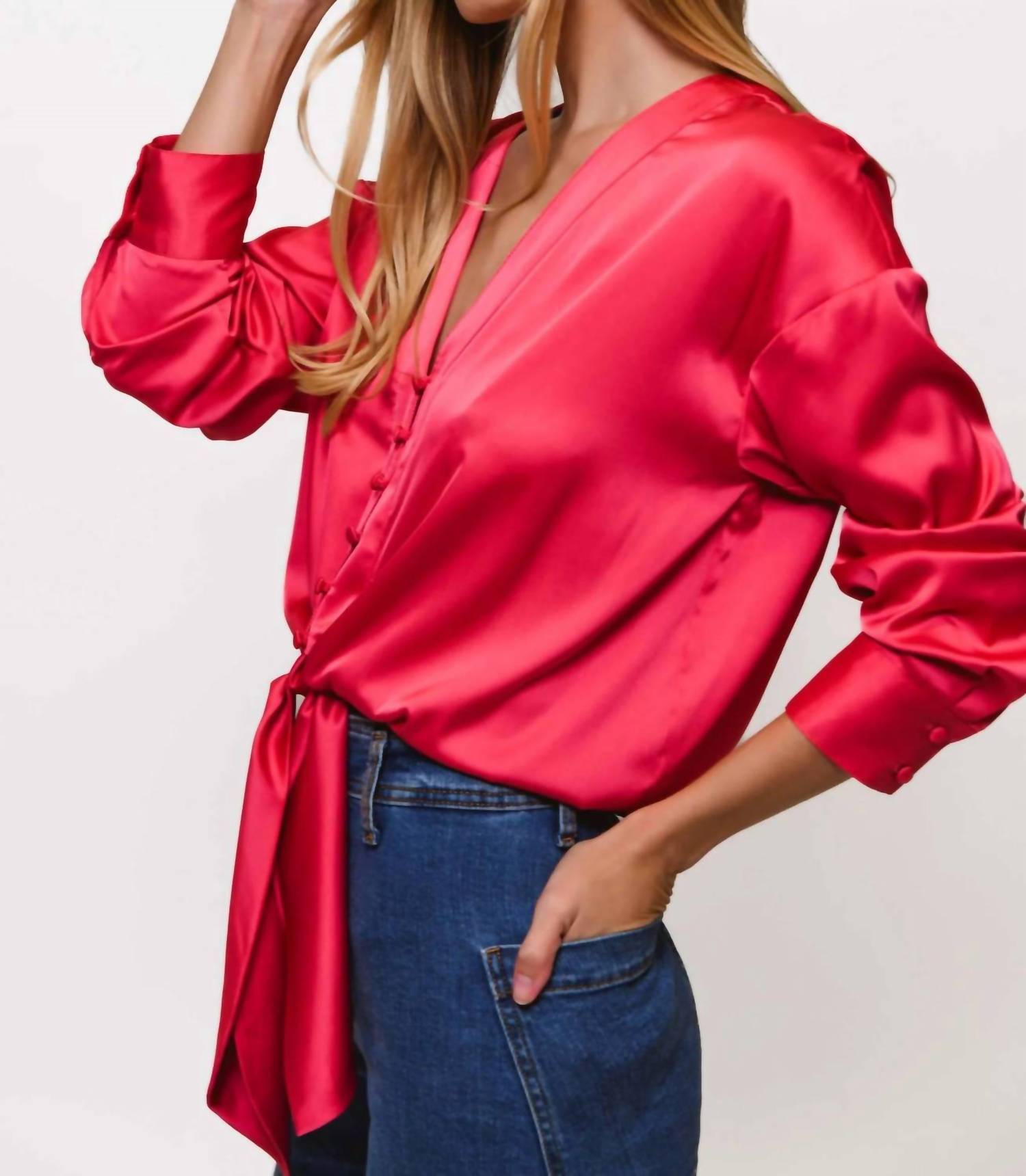 hutch Kass Long Sleeve Tie Top in fuchsia - women's shirt - alternate view