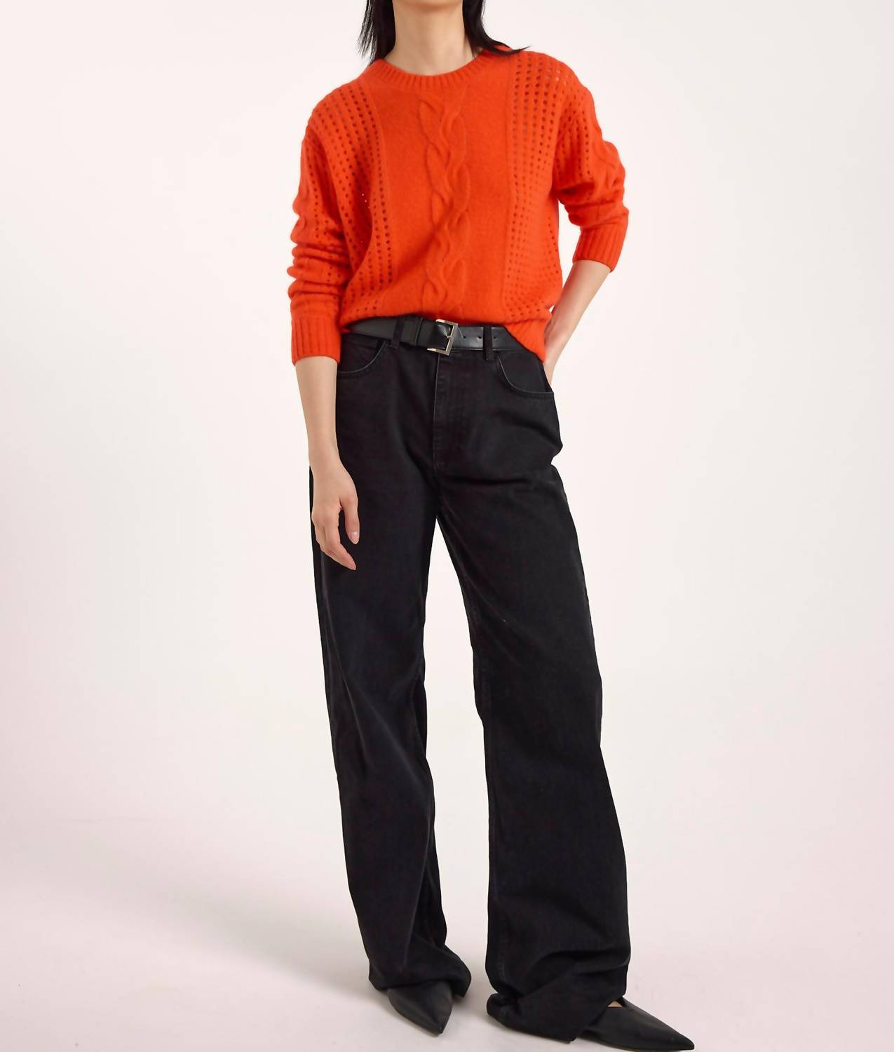 Brodie Cashmere Amara Cable Cashmere Silk Crewneck Jumper in persimmon - women's sweater