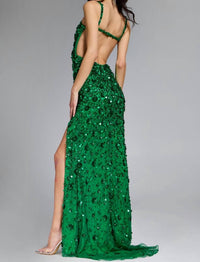 JOVANI Elegant Sequin Embellished Gown With Plunging Neckline in emerald - women's dress - alternate view