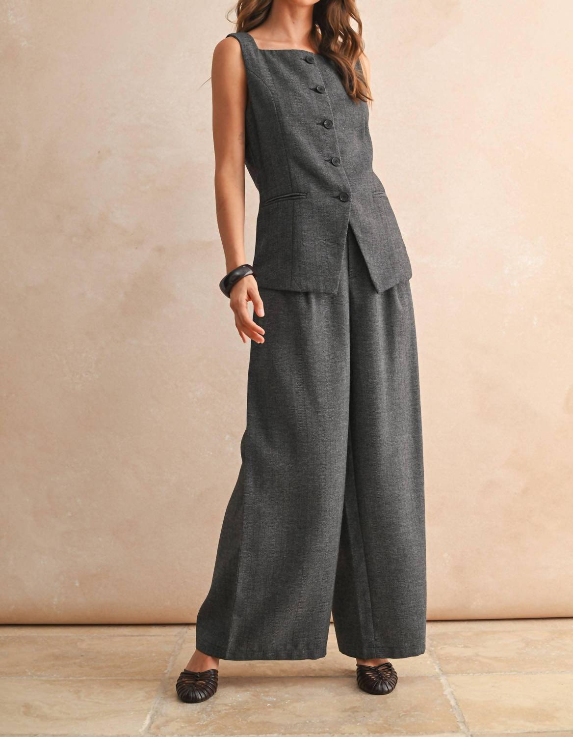 Miou Muse - Herringbone Pattern Wide Leg Trousers