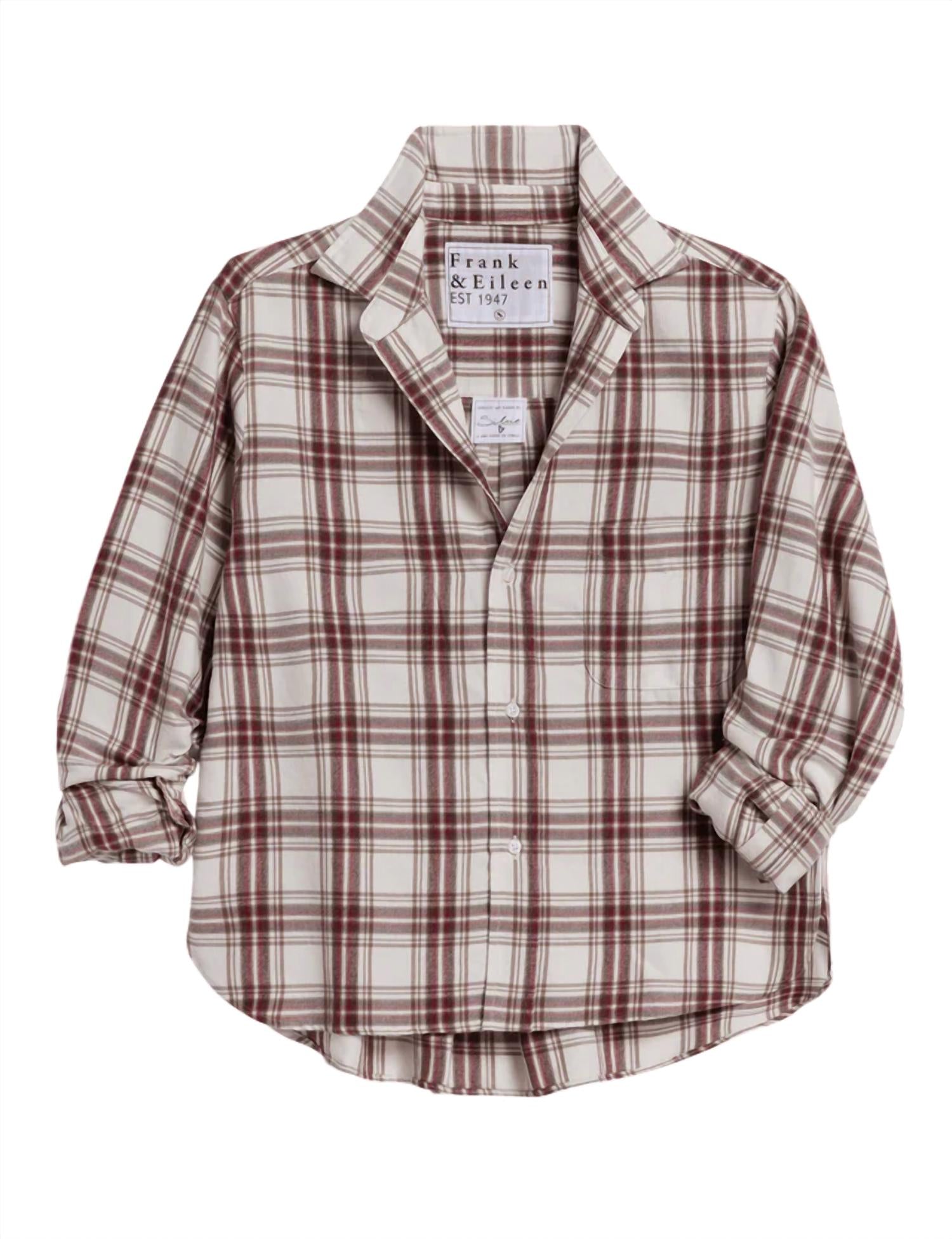 Frank & Eileen Women's Silvio Untuckable Button-up Shirt in cream wine brown plaid - women's shirt