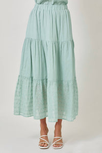 mystree Embroidered Eyelet Tiered Skirt in pale seafoam - women's skirt