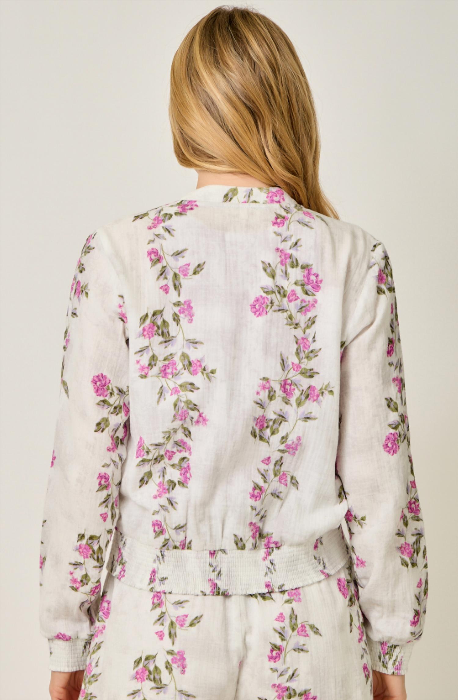 mystree Floral Linen Bomber Jacket in multi - women's jacket - detail view