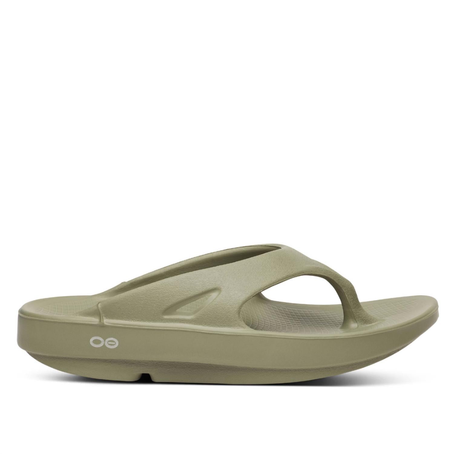 OOFOS Unisex Original Thong Flip Flop in forest green - women's shoe - detail view