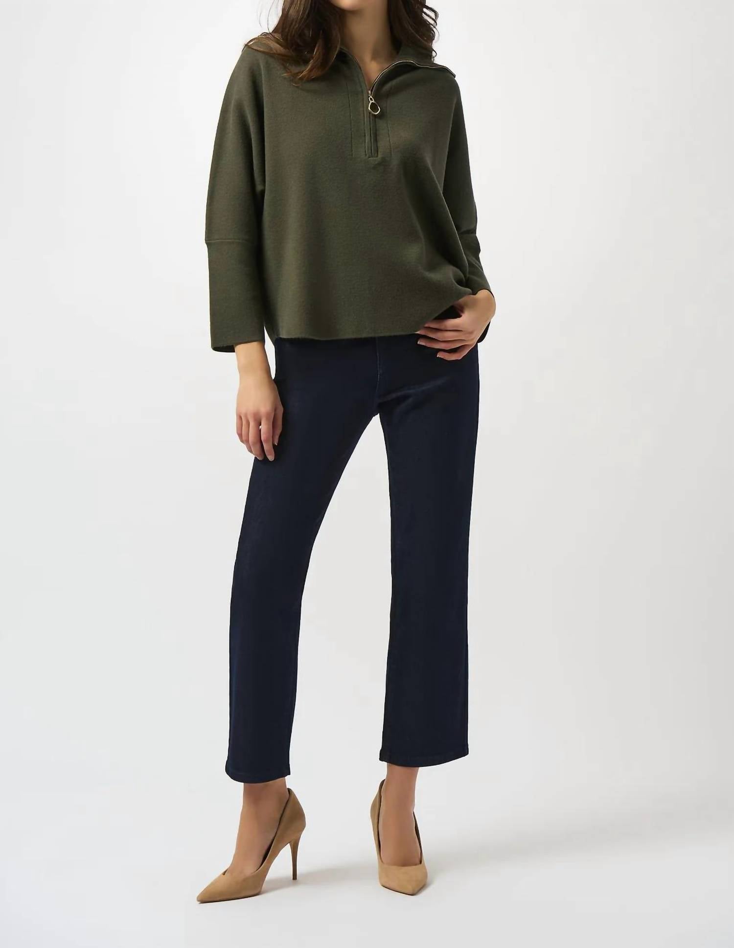 Joseph Ribkoff - Zipped Collar 3/4 Sleeves Boxy Sweater Top