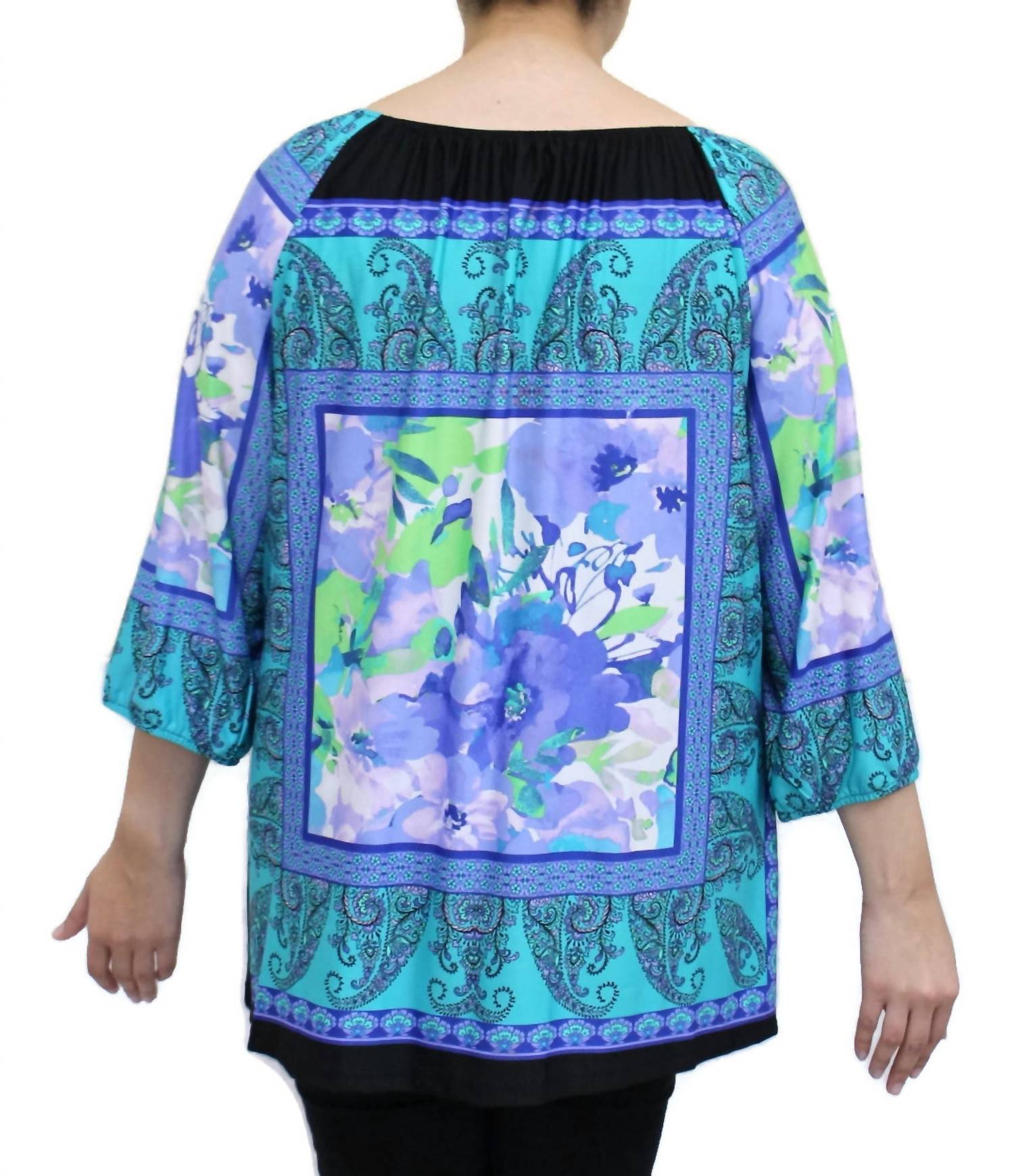 N Touch Floral Peasant Top in jade purple - women's blouse - detail view
