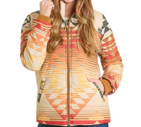 Rock & Roll Denim Serape Hooded Puffer Jacket in cream - women's jacket - alternate view