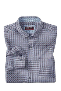 JOHNSTON & MURPHY Men's Xc4 Long-sleeve Print Knit Shirt in rust navy grid burst - men's long sleeve top