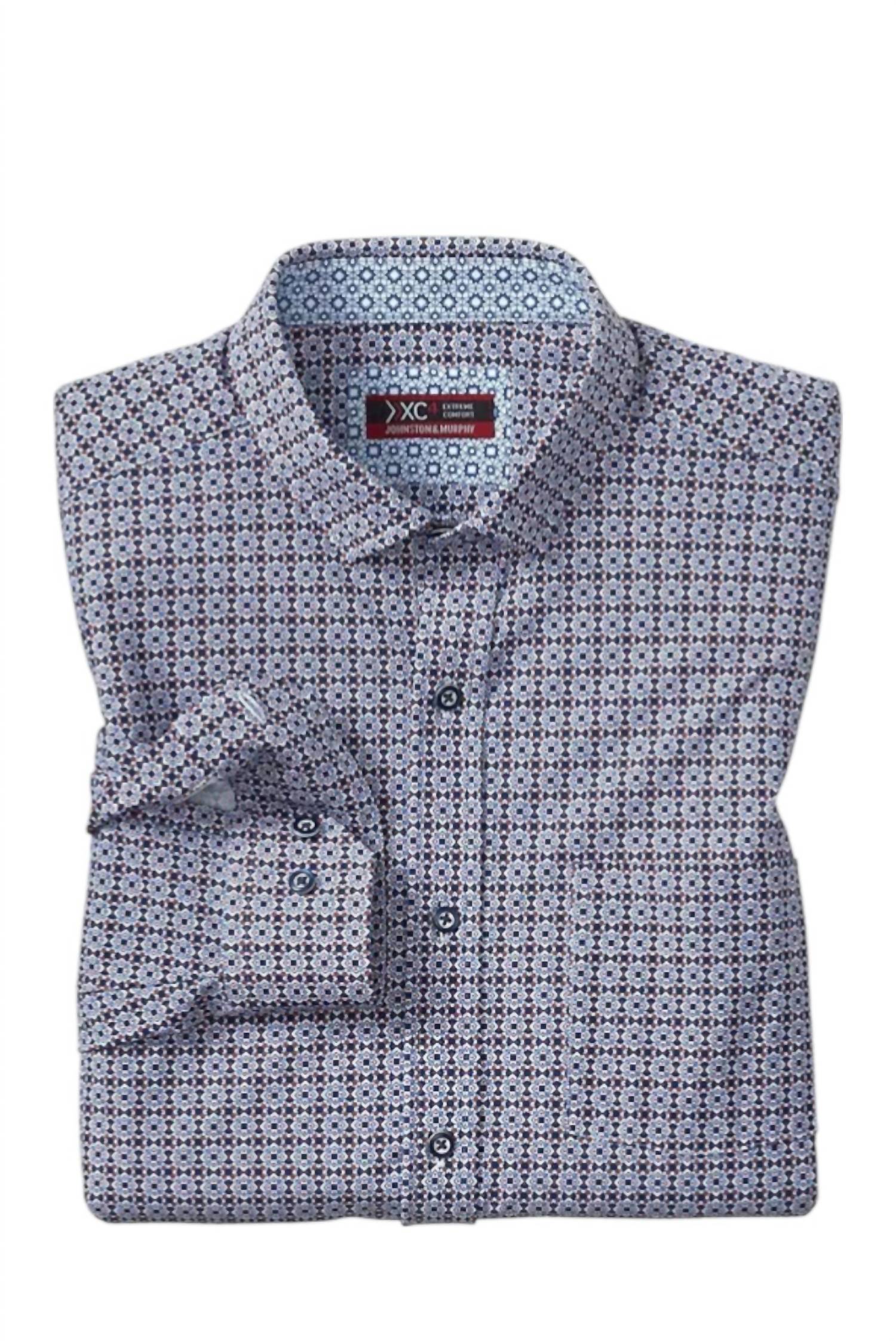 JOHNSTON & MURPHY Men's Xc4 Long-sleeve Print Knit Shirt in rust navy grid burst - men's long sleeve top