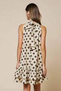 Lalavon - Polka Dot Mock Neck Ruffled Layered Hem Shift Dress