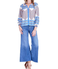Jade Trimmed Peasant Top in retro link - women's blouse