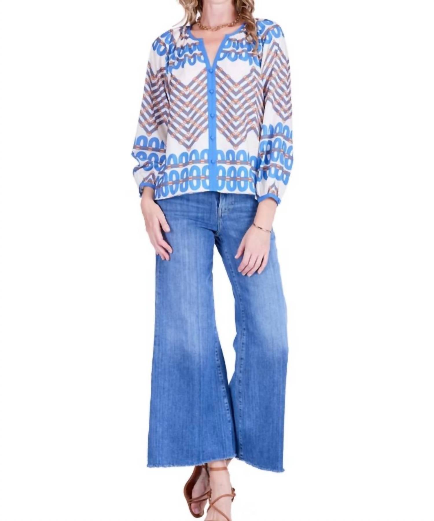 Jade Trimmed Peasant Top in retro link - women's blouse