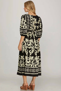 She + Sky - 3/4 Sleeve V-neck Woven Midi Dress With Side Pocket