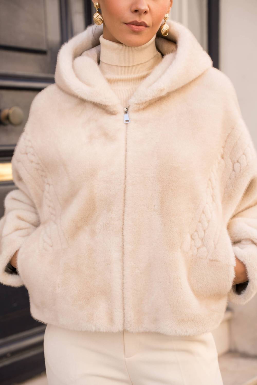 Attentif Hooded Faux Fur Coat in beige - women's jacket - alternate view