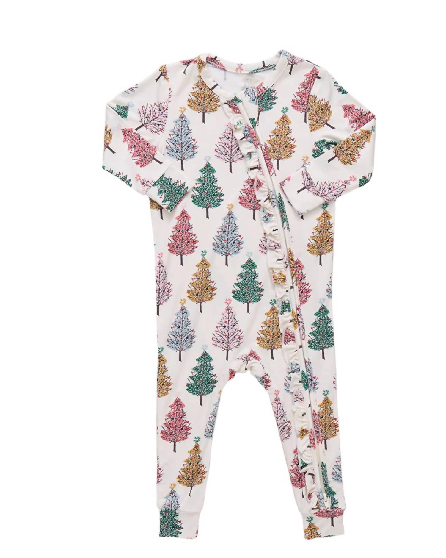 PINK CHICKEN Baby Ruffle Bamboo Romper in multi christmas trees - kids' item - detail view
