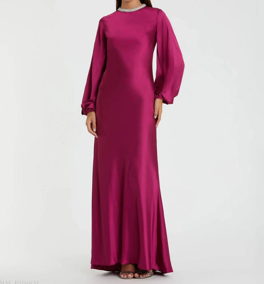 Mac Duggal - Beaded High Neck Bishop Sleeve Satin Gown