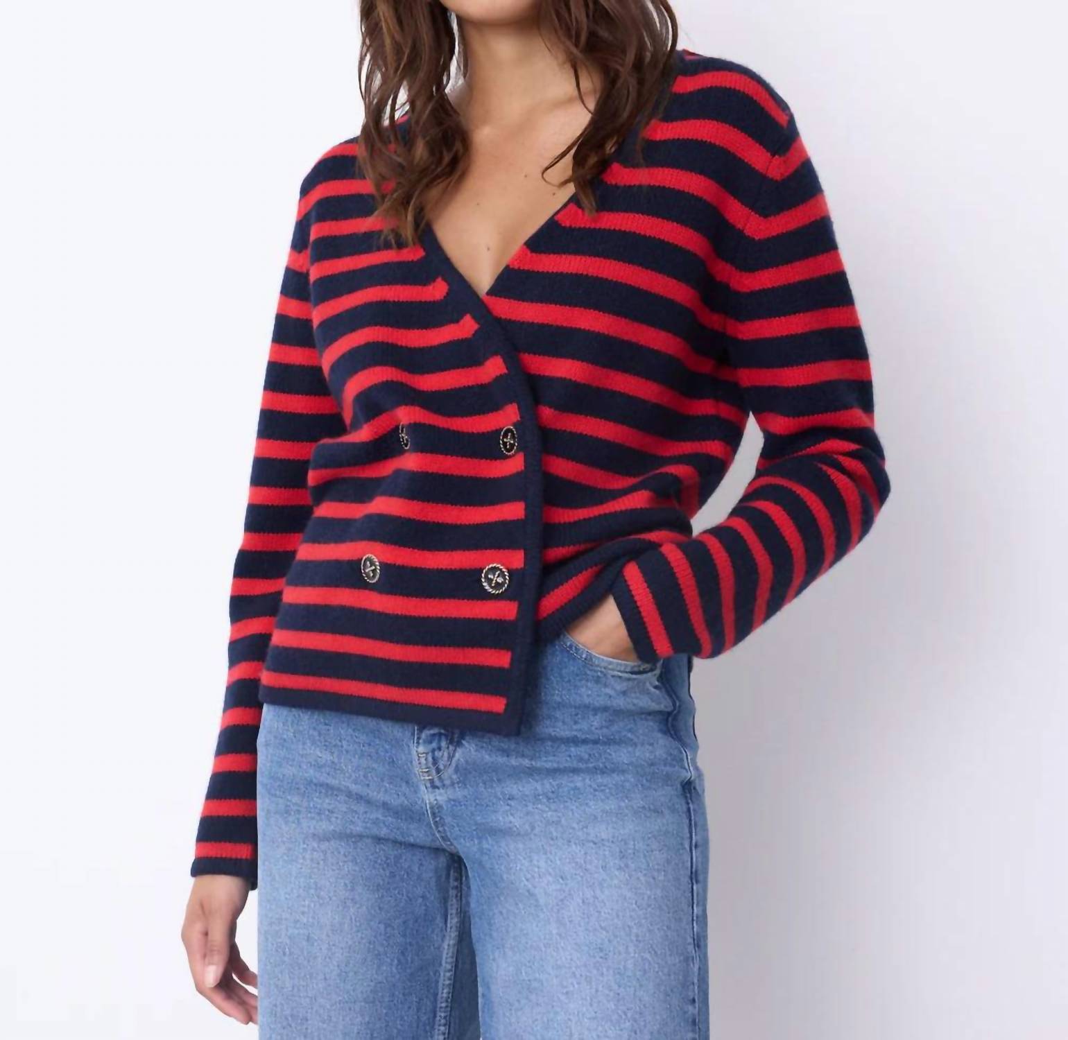 Not Shy Molly Stripe Cardigan Top in navy redstripe - women's cardigan