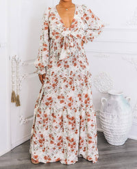 Surelymine - Floral Tie-Front Maxi Dress with Smocked Waist