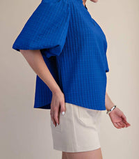 Glam - Puff Sleeve Ruffled Neck Textured Fabric Top