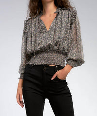 ELAN Smocked Waste Top in black paisley - women's blouse