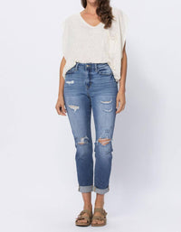 Judy Blue - High Waist Cuffed Distressed Boyfriend Jeans