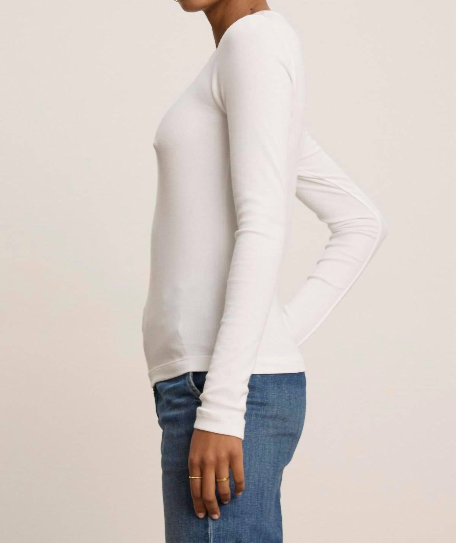 Velvet by Graham & Spencer Camino Modal Rib Tee in white - women's long sleeve top - detail view
