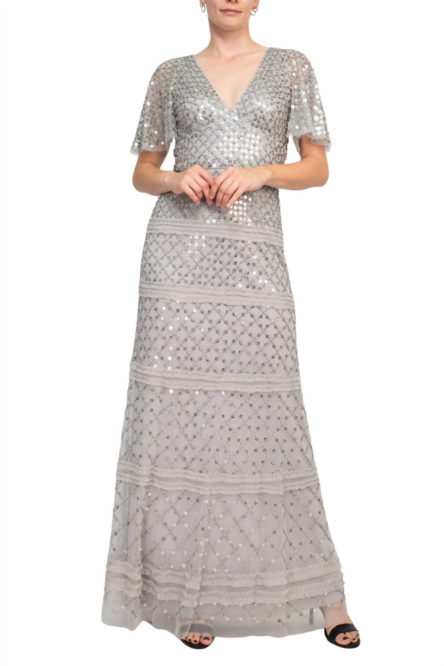 Aidan Mattox - V-neck Sequined Piping Detail Mesh Gown