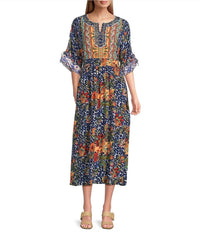 John Mark - Embroidered Woven Scoop Neck Doman Sleeve A-line Midi Dress