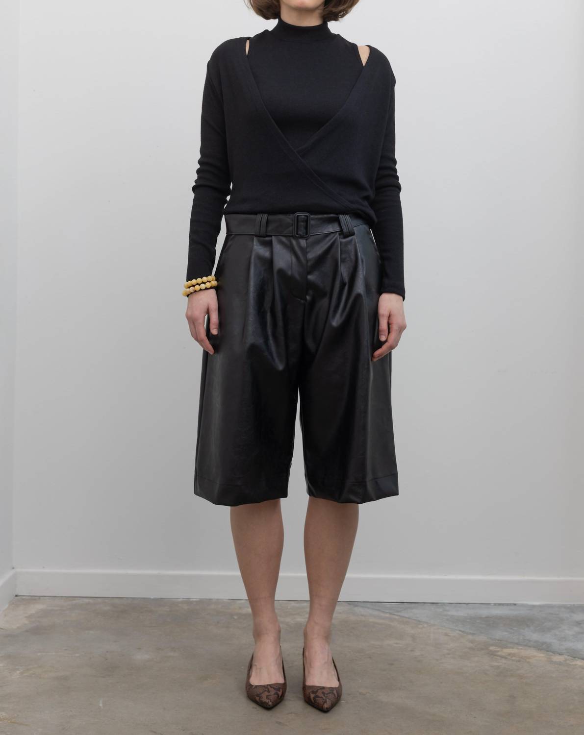 Collective Vegan Leather Belted Bermuda Shorts in black - women's shorts