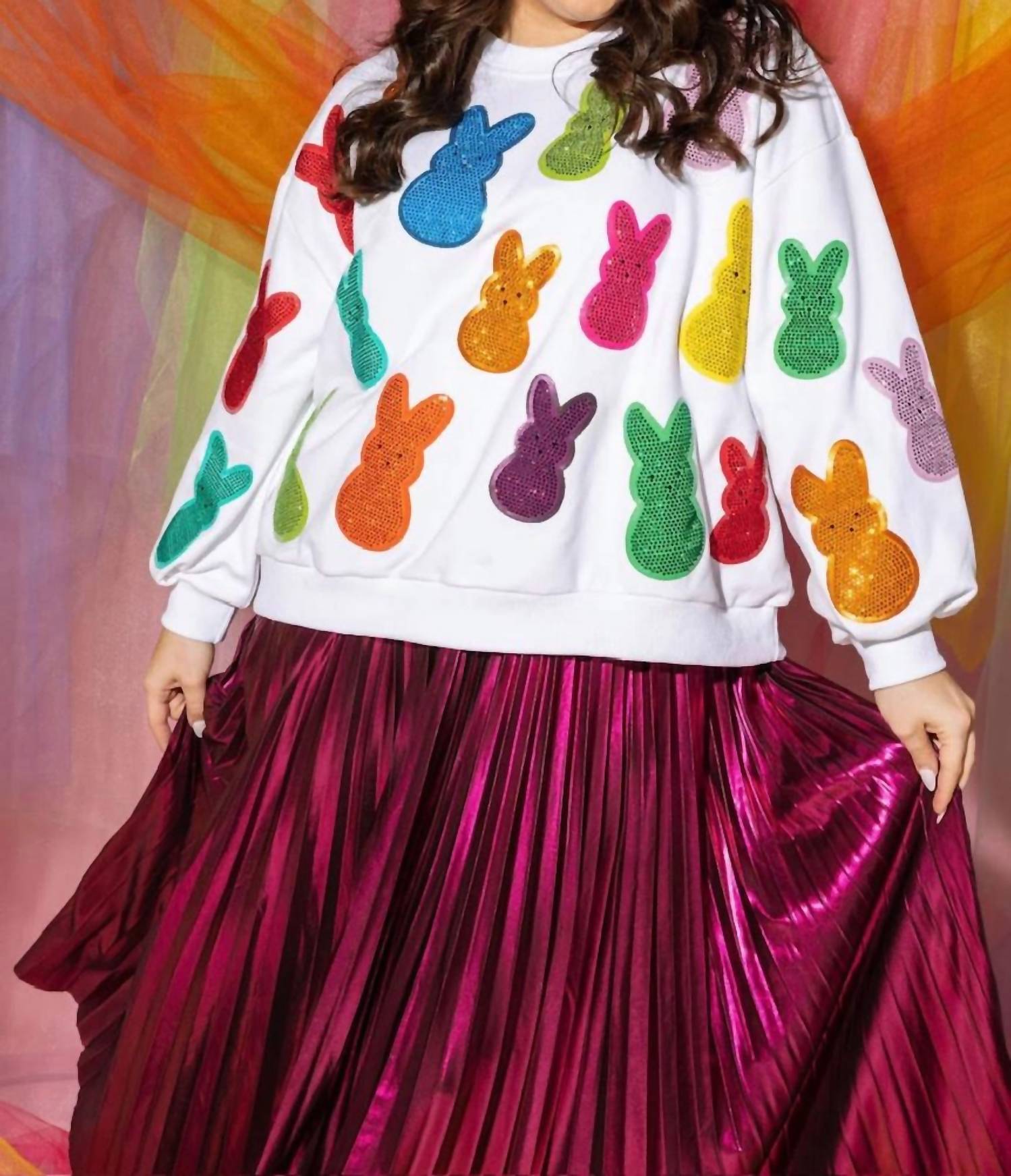 QUEEN OF SPARKLES Peeps Rhinestone Sweatshirt in white multi - women's top