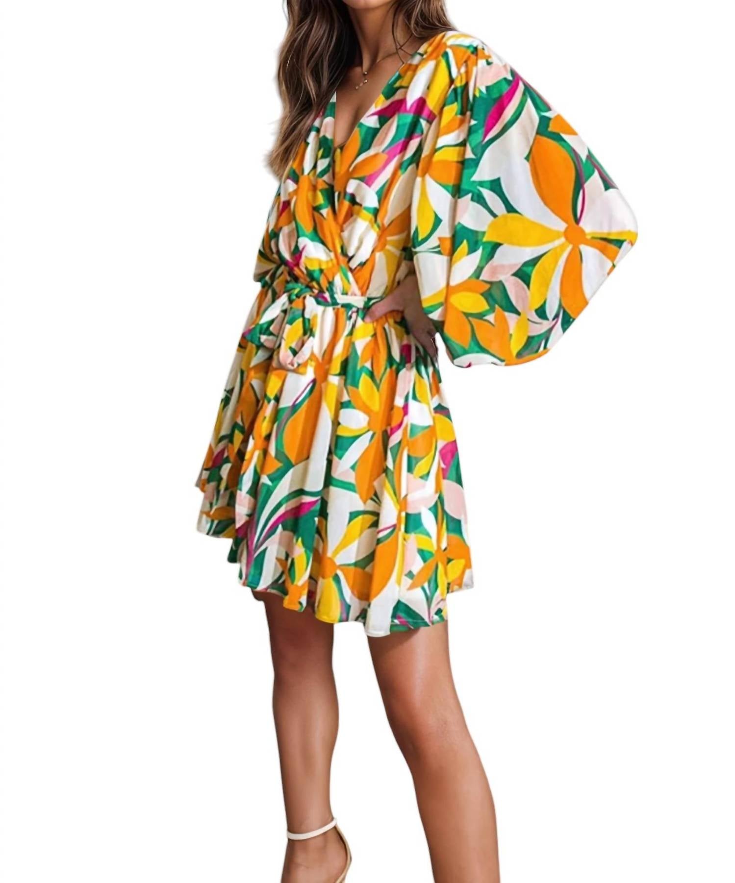 Flying Tomato - Sandra Surplice Long Sleeve Chiffon Mini Dress