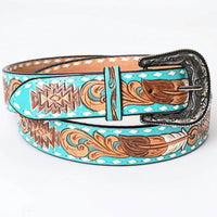 American Darling Women's Tooled Leather Western Belt in turquoise aztec and feathers - women's accessory
