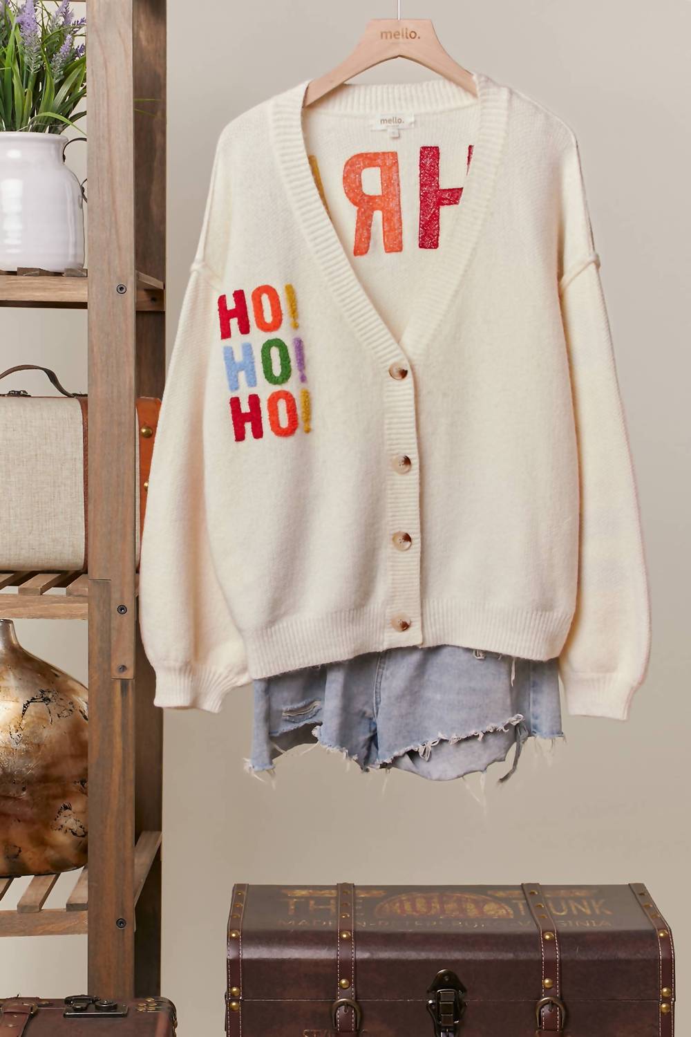 Mello - Christmas Lettering Patchwork V-neck Cardigan