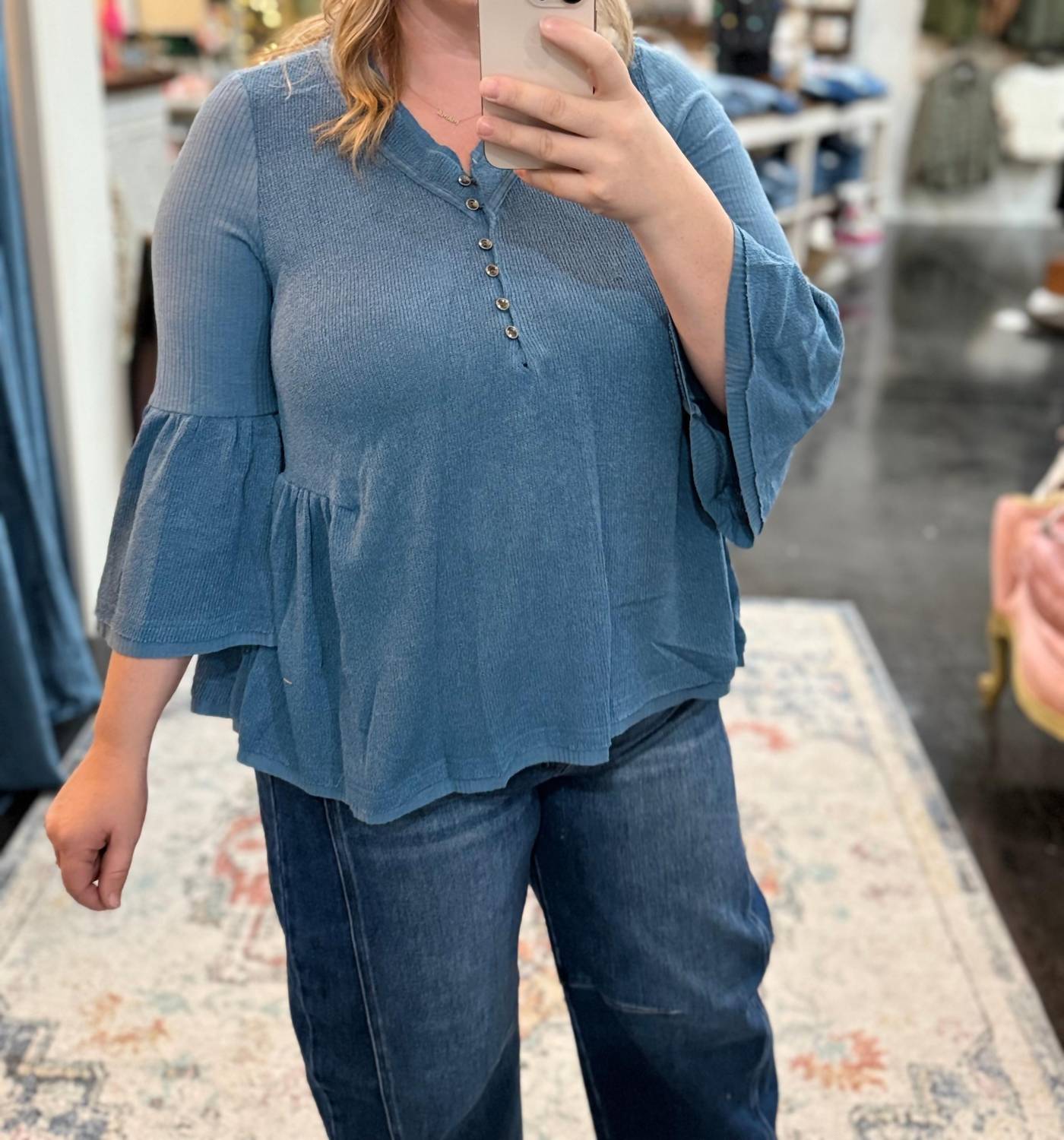 Listicle Sweater Like Knit Flowy Top in denim blue - women's blouse - detail view