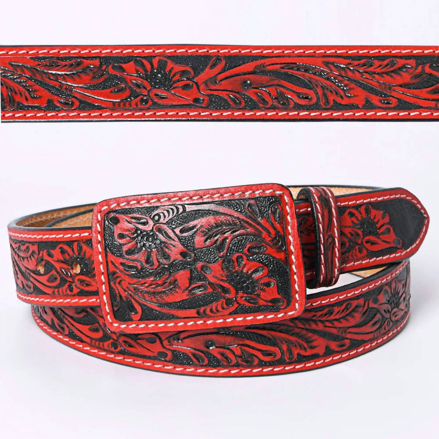 American Darling Women's Tooled Leather Western Belt in red - women's accessory - view 4