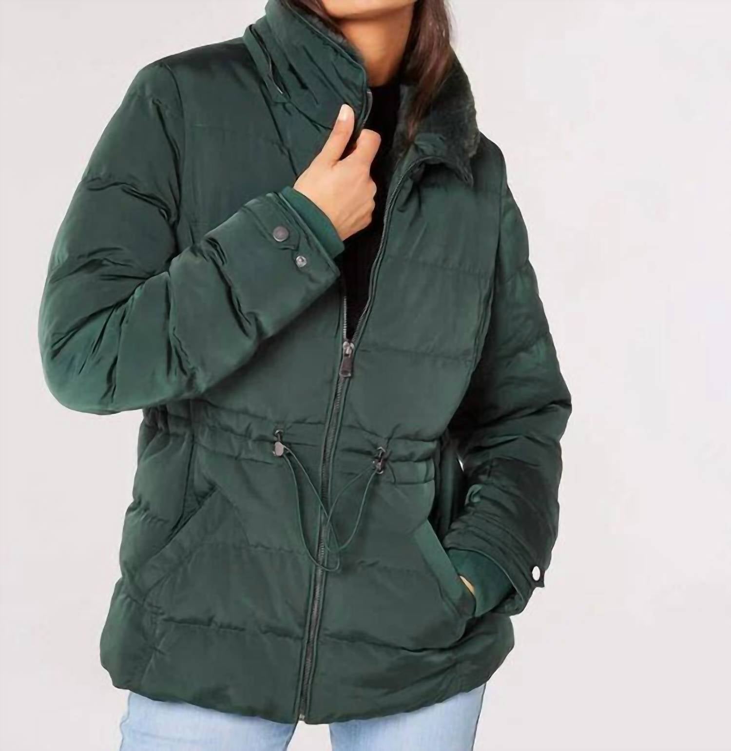 APRICOT Hooded Puffer Jacket With Sinched Waist in green - women's jacket - detail view