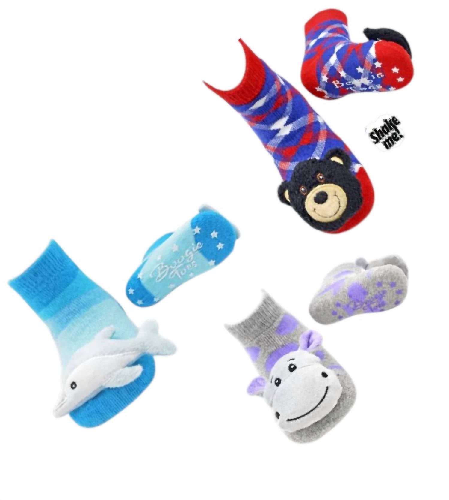Liventi Inc. Kids Boogie Toes Rattle Socks - Set Of 3 in happy hippo black bear baby dolphin - kids' accessory - detail view