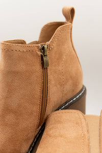 Corkys Footwear Women's Sutton Block Heel Bootie in brown - women's shoe - detail view